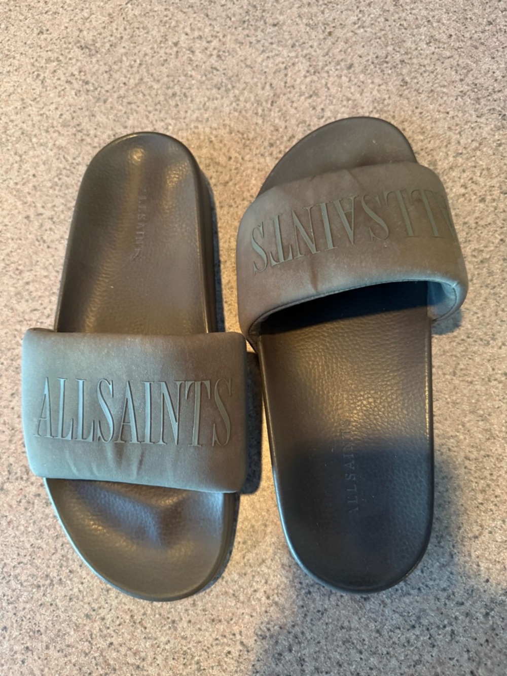 All Saints Olive grey Logo Slide Sandals